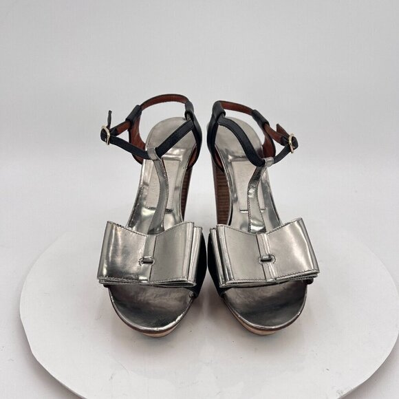 Lanvin Women Size EU 37 US 7 Black Silver Bow T Strap Platform Cone Heel Sandal - Picture 2 of 15